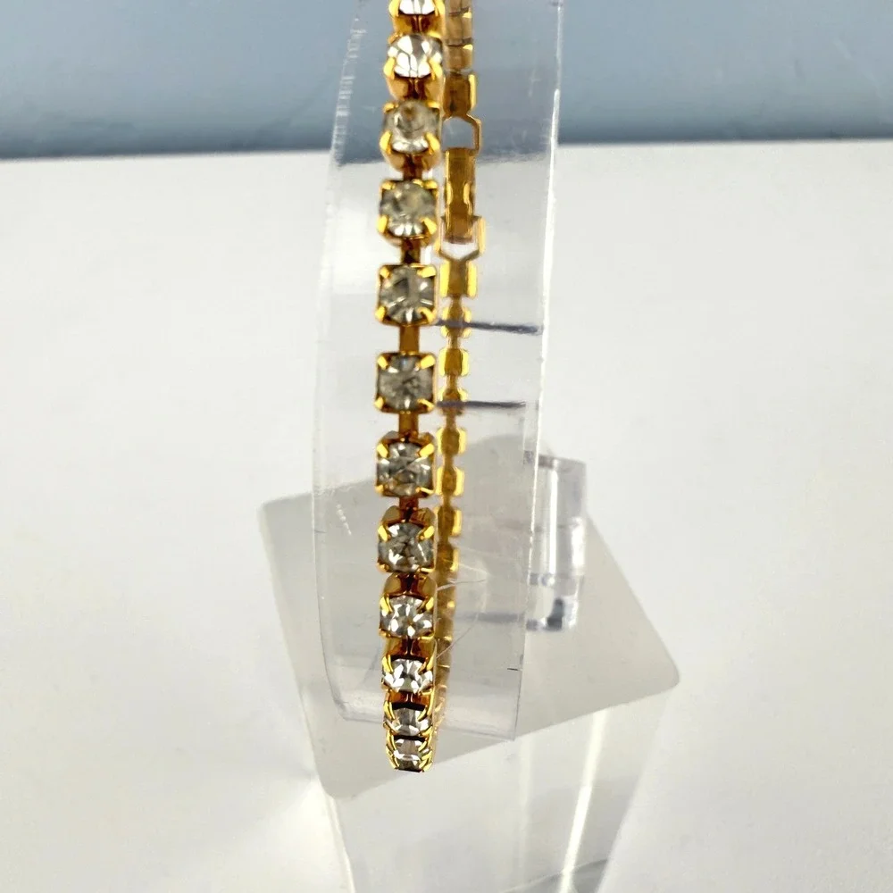 Vintage Gold Tone Rhinestone Tennis Bracelet Costume Jewelry Mid Century‎ Chic